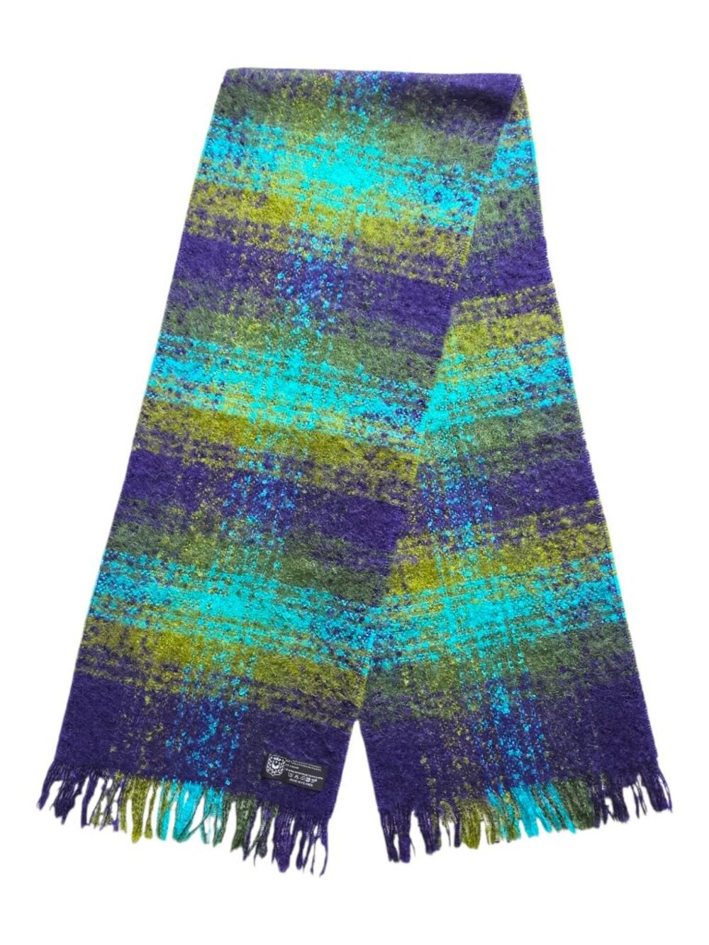 Mohair Blend Plaid Scarf Fuzzy Purple Turquoise Green Tartan Fringe Made France